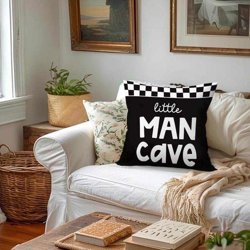 ETVISO Boys Car Room Decor, Little Man Cave Pillow Cover 18x18, Trendy Black and White Checkerboard Decorative Throw Pillow Case for Boys Bedroom Playroom Nursery - Image 4